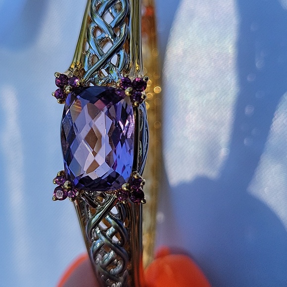 Bangle bracelet with security clasp 925 mark with goldtone. Multi-gemsto…